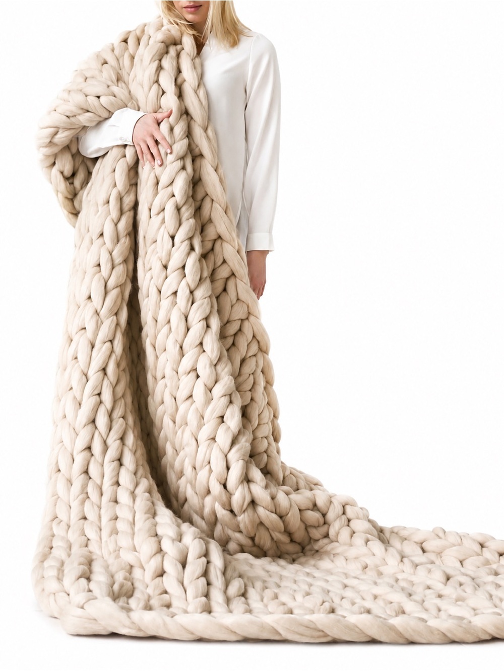 Handmade 100% Merino Wool Chunky Knit Blanket 60x70” Beige Oversized Throw